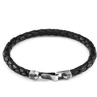 ANCHOR & CREW Men's Skye Silver & Braided Leather Bracelet in Black | Size: 23 cm