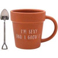 Lesser & Pavey Plant Pot Mug & Shovel Tea Spoon Gift Set - I'm Sexy in Terracotta | Size: 250ml