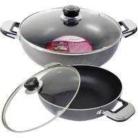 BARGAINS-GALORE 32cm Non Stick Aluminium Wok Saucepan Frying Deep Stir Pot With Lid in Grey