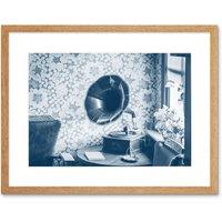 Artery8 Wall Art Print Vintage Record Player Gramophone Framed in Beige | Size: W7 x H9