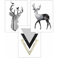 ARTZE Set of 3 Graphical Geometric Black Grey Stag Set Art Posters | Size: W42 cm x H59 cm