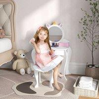 ZONEKIZ Kids Dressing Table with Mirror & Stool, Unicorn Design, for Ages 3-6 Years in White