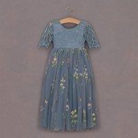 UK Flower Girl Boutique Girl's Enchanted Dress - Embroidered Dusty Blue Lace in Mid Blue | Size: 2-3 Years