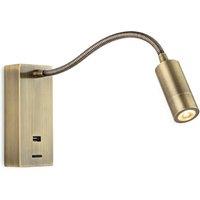 Netlighting Clifton LED Flexi Wall Reading Light & USB Antique Brass in Gold