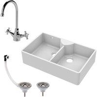 Balterley Fireclay 2 Bowl Stepped Weir Butler Sink Overflow Tap Waste 895mm in White