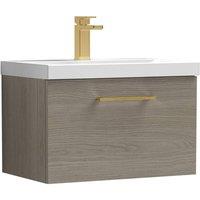 Balterley 600mm Wall Hung 1 Drawer Vanity Basin Unit, Mid Oak, Brass Handle in Brown