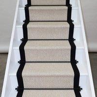 RainbowHome Herringbone New England Ivory Stair Runner with 100% Black Cotton Border in Off-White | Size: 60 cm x 700 cm