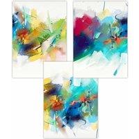 ARTZE Set of 3 Abstract Colourful Pink Blue Yellow Mixed Media Fractal Art Posters | Size: W50 cm x H70 cm