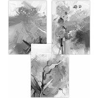 ARTZE Set of 3 Abstract Black & Grey Mixed Media Fractal Art Posters in Dark Grey | Size: W59 cm x H84 cm