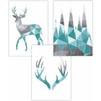 ARTZE Set of 3 Geometric Aqua Blue Grey Stags Set Art Posters | Size: W59 cm x H84 cm