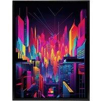 Artery8 Neon Colour Abstract Cityscape Framed Canvas Wall Art Print in Pink | Size: W24 x H32