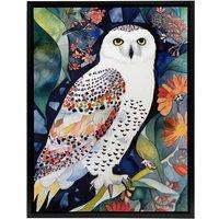 Artery8 Snowy Owl On Blooming Tree Folk Art Framed Canvas Wall Art Print | Size: W18 x H24