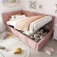 Merax L Shaped 3FT Single Sofa Upholstered Daybed with Hydraulic Storage in Pink