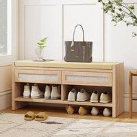 HOMCOM Shoe Bench with 2 Rattan Drawers Cushion Oak Wood Effect in Light Oak