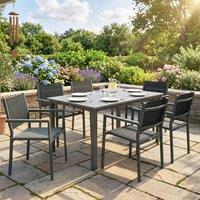 OUTSUNNY Garden Dining Set with Acacia Wood Table Top, Stackable Chairs in Grey | Size: 150 cm x 90 cm