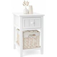 VOGREX 1pcs Bedside Table with Drawer Wicker Basket Assembled Shabby in White