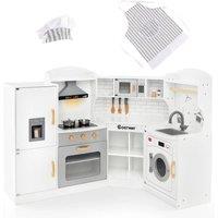 Costway Corner Play Kitchen Toddler Kitchen Playset Wooden Toy Kitchen W/ Sink & Washing Machine in White