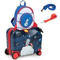 Costway 2PC Kids Ride-on Luggage Set 18 Carry-on Suitcase & 12 Backpack Anti-Loss Rope in Dark Blue