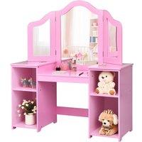 Gymax Kids Vanity Table Makeup Table With Tri-Folding Mirror & Open Shelves in Pink