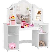 Gymax 2 In 1 Kids Vanity Table Makeup Table With Tri-Folding Mirror & Shelves in White