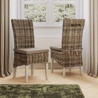 FWStyle Set Of 2 Solid Pine Rattan Limewash Dining Chairs Ready Assembled in White