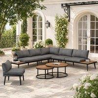 Merax Modular Outdoor Sofa Set with Washable Cushions, Wood Nesting Tables in Beige