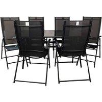 Samuel Alexander Outdoor 6 Person Rectangular Glass Top Garden Dining Table Chairs Set in Black