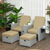 OUTSUNNY Recliner Rattan Sun Lounger w/ Storage Tea Table & Footstools in Beige