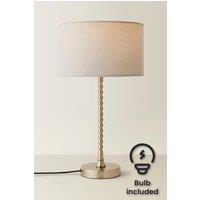 ValueLights Maeve Fabric Drum Lamp Shade Brushed Chrome Bobbin Bobble Table Lamp with Bulb in Grey
