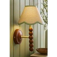 ValueLights Bobbins Walnut Bobble Wall Light & Linen Trim Lamp Shade in Pale Green