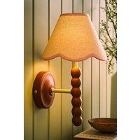 ValueLights Bobbins Walnut Bobble Wall Light & Linen Trim Lamp Shade & Bulb in Baby Pink