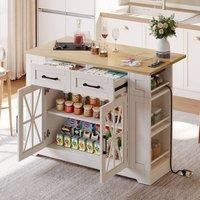 BTM Kitchen Island on Wheels Folding Tabletop Storage Cabinet USB in White