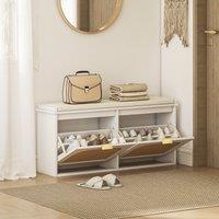 HOMCOM Boho Shoe Bench with Padded Seat & 2 Flip-Drawers in White