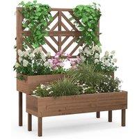 Costway Wood 2-Tier Raised Garden Bed with Trellis Elevated Planter Box Container w/ Leg in Brown