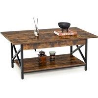 Costway 2-Tier Industrial Coffee Table Home Cocktail Tea Side Table with Storage Shelf in Brown