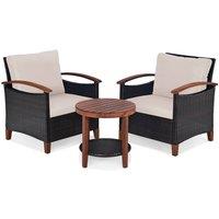 Costway 3pcs Rattan Chair Set Patio Conversation Sofa Set with Wooden Coffee Table in Brown