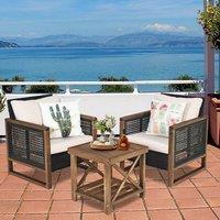 Costway 3PCS Patio Furniture Set Outdoor Garden Wood Coffee Table & 2 PE Rattan Chairs in Brown