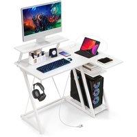 Costway L-Shaped Gaming Desk Small Computer Desk w/ Monitor Shelf & Outlets in White