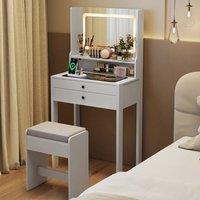 Costway Dressing Table &Stool Set w/LED Lights Makeup Table w/Charging Station in White