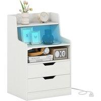 Gymax LED Nightstand 2-Drawer Bedside Table With Charging Station Open Shelf in White