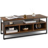 Gymax Industrial Coffee Table 3 Cubbies Wooden TV Stand With Metal Frame in Brown