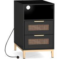 Gymax Narrow Rattan Side Table with Charging Station 2 Drawers Nightstand in Black