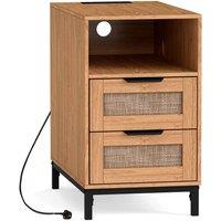 Gymax Narrow Rattan Side Table with Charging Station 2 Drawers Nightstand in Brown
