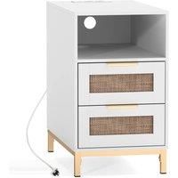 Gymax Narrow Rattan Side Table with Charging Station 2 Drawers Nightstand in White