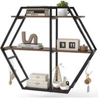 Gymax Industrial Hexagon Wall Shelves with Hooks & Metal Frame for Decor in Brown