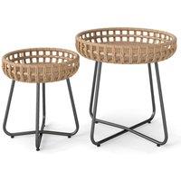Gymax Set of 2 Round PE Wicker Side Tables in Different Sizes Coffee Tables in Brown