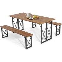 Gymax Picnic Table & Bench Set Outdoor Dining Table 2 Benches Umbrella Hole in Brown
