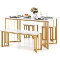 Gymax 4 PCS Dining Table Set Kitchen Table With Bench & 2 Stool Marble Grain in White