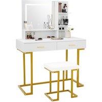 Gymax Vanity Table Set Dressing Table with Cushioned Stool 3-Color LED Mirror in White