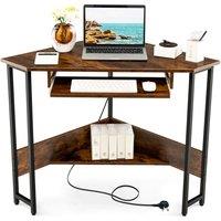 Gymax Corner Desk Workstation With Power Outlets Keyboard Tray Storage Shelf in Brown